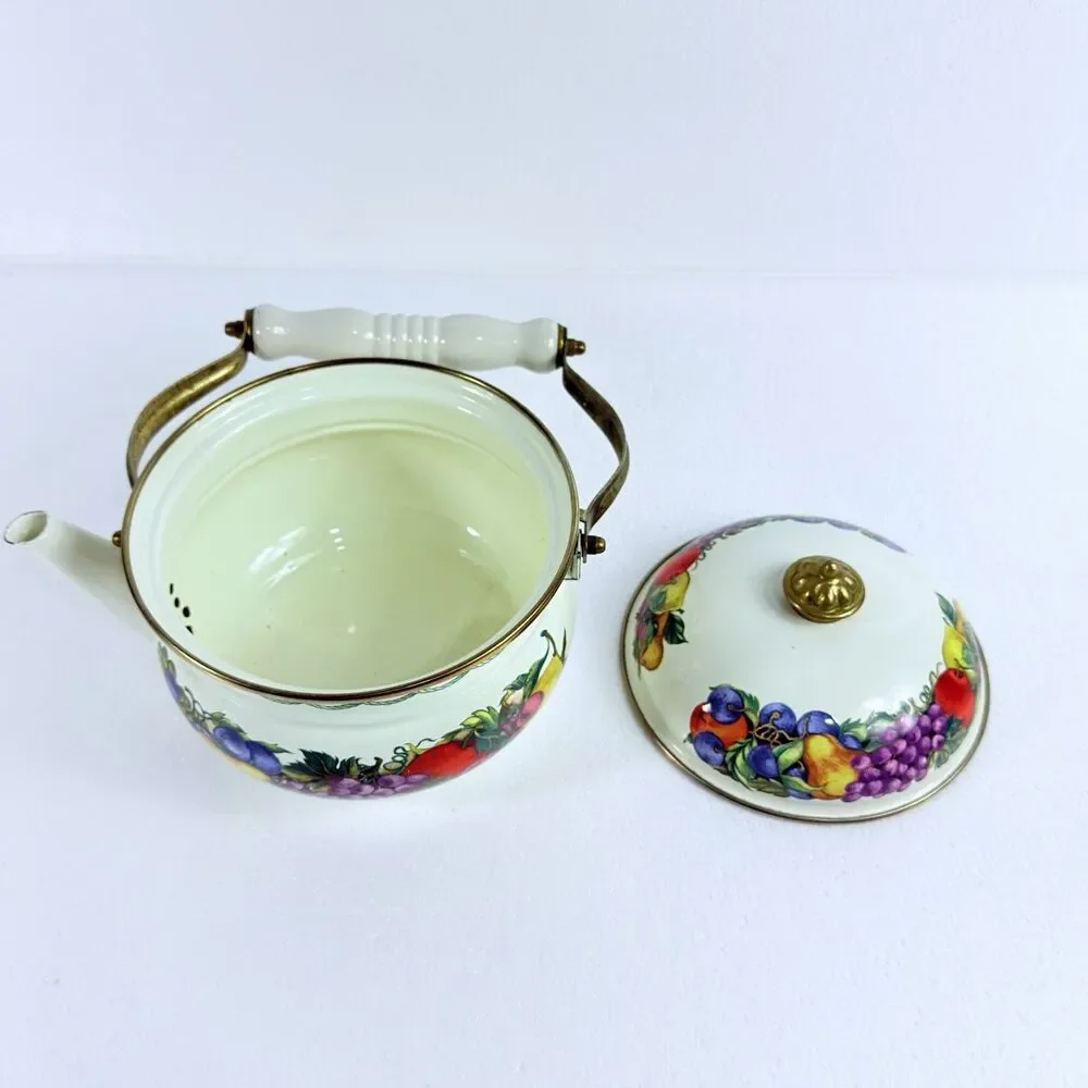 Vintage Cornucopia Enamelware Tea Kettle Pot Fruit Motif Ceramic Handle Taiwan